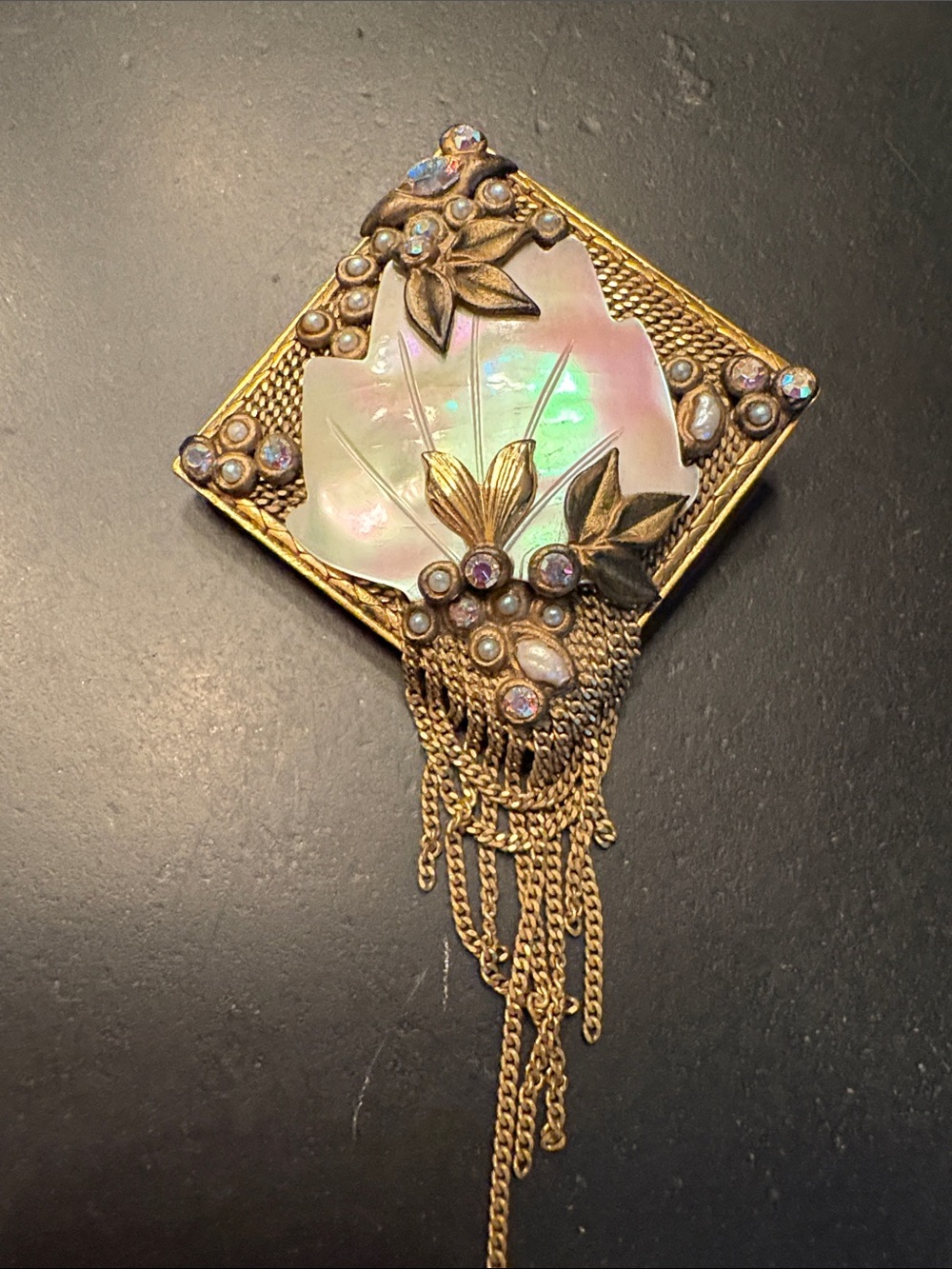 Gold-Tone Floral Mother-of-Pearl Statement Brooch with Chain Fringe